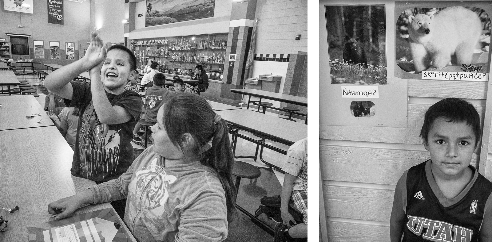 Left: Cory Thompson Shoots Hoops with Lo LaPlant in the After School Program at Wakpala Public School, Standing Rock Reservation, South Dakota, 2015 by Sue Reynolds Right: Jacob Piapot Learns Salish at NKwsum, Flathead Reservation, Montana, 2014 by Sue Reynolds
