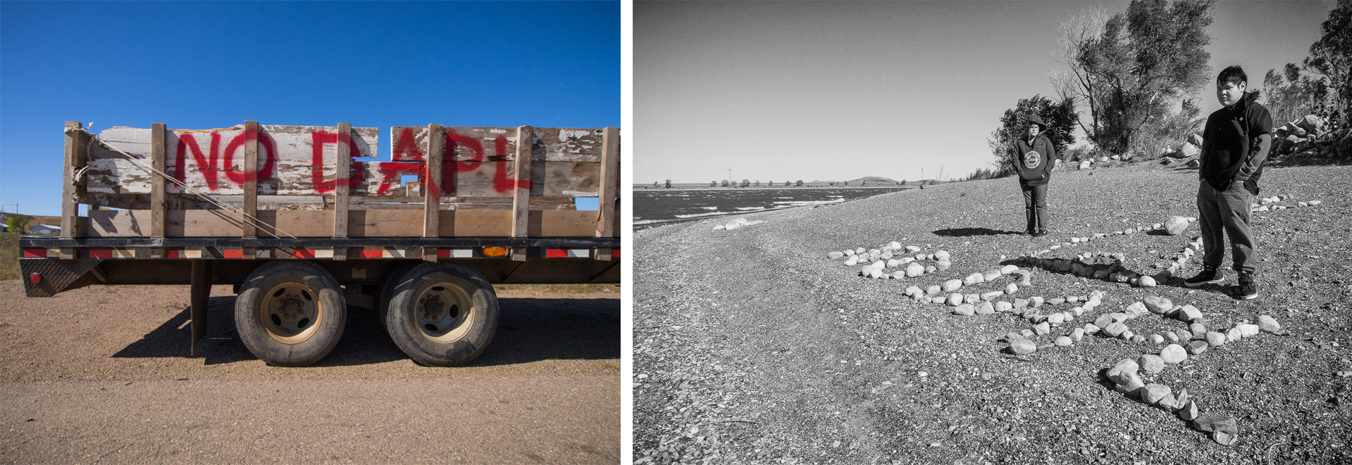 Left: "No DAPL" Protest Truck, Wakpala, Standing Rock Reservation, South Dakota, 2016 by Sue Reynolds Right:  "No DAPL" Sign at Lake Oahe:  What’s Our Future? Standing Rock Reservation, South Dakota, 2016 by Sue Reynolds